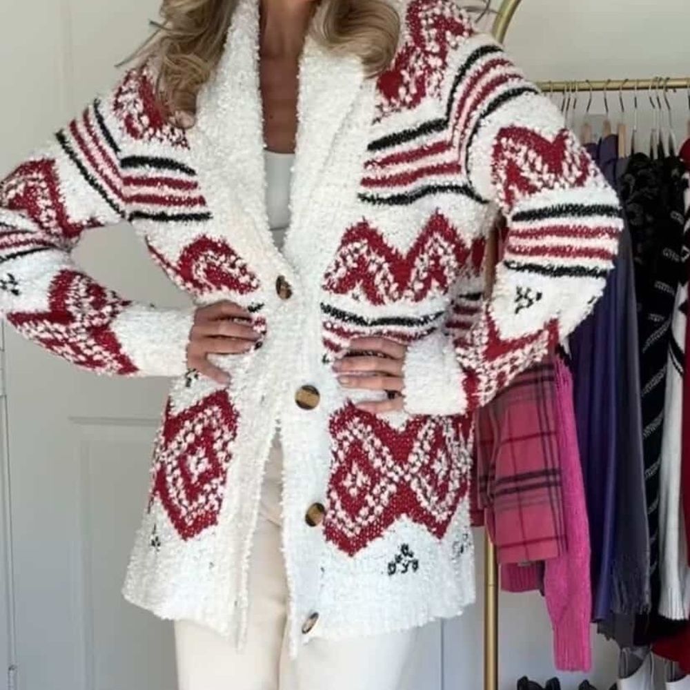 Cozy Ivory and Red Patterned Shawl Collar Sweater Cardigan
